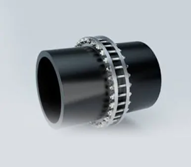 Close-up of an electrofusion coupling joining black HDPE pipe