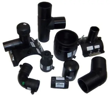 Assortment of black HDPE electrofusion fittings including tees, elbows and couplings
