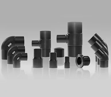 Range of black HDPE fittings including elbows, tees, end caps and a stub flange
