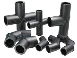 Group of black HDPE fittings including tees and elbows with blue stripes