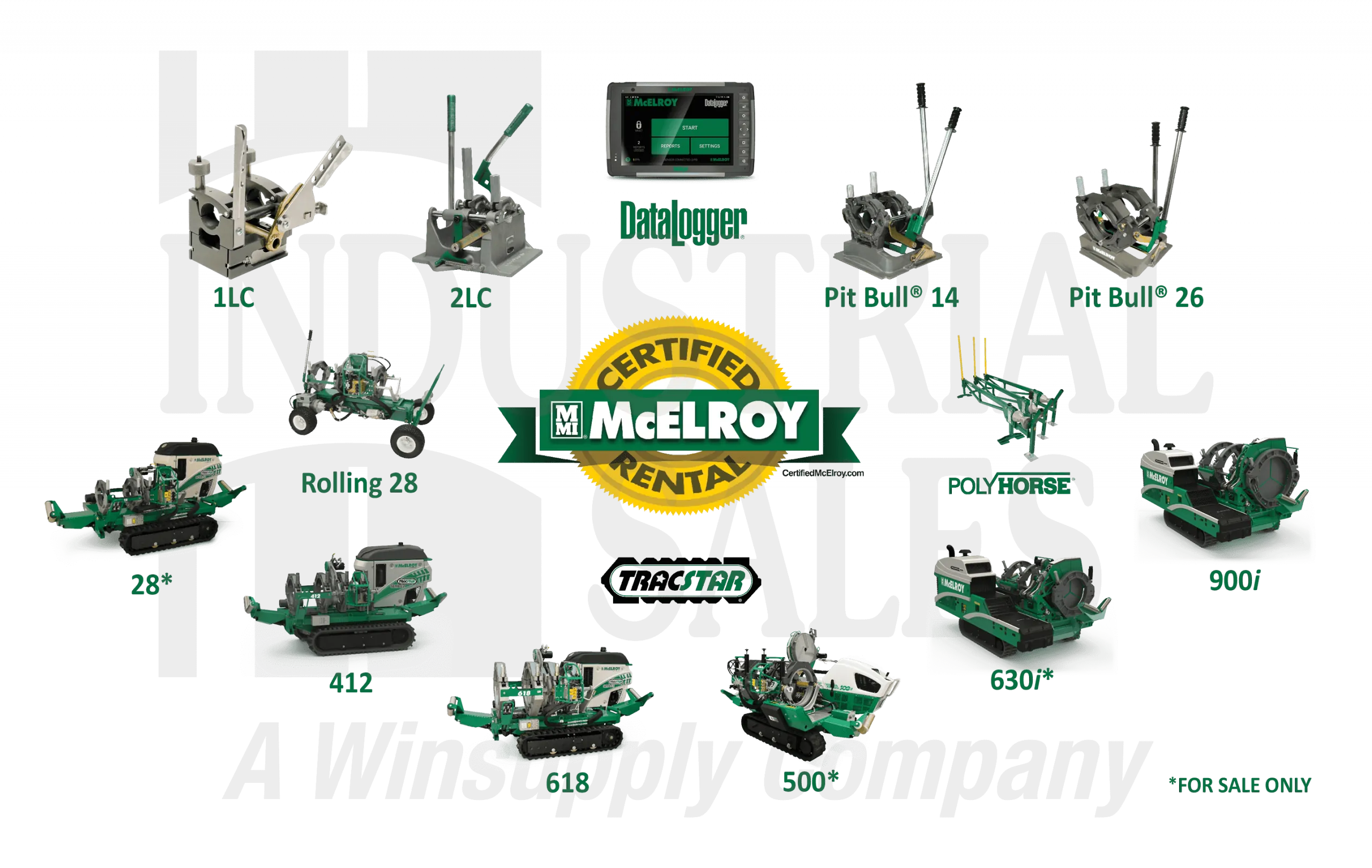 McElroy Certified Rental lineup of HDPE fusion machines including Pit Bull, Rolling, TracStar and other models, branded Industrial Sales, a Winsupply company